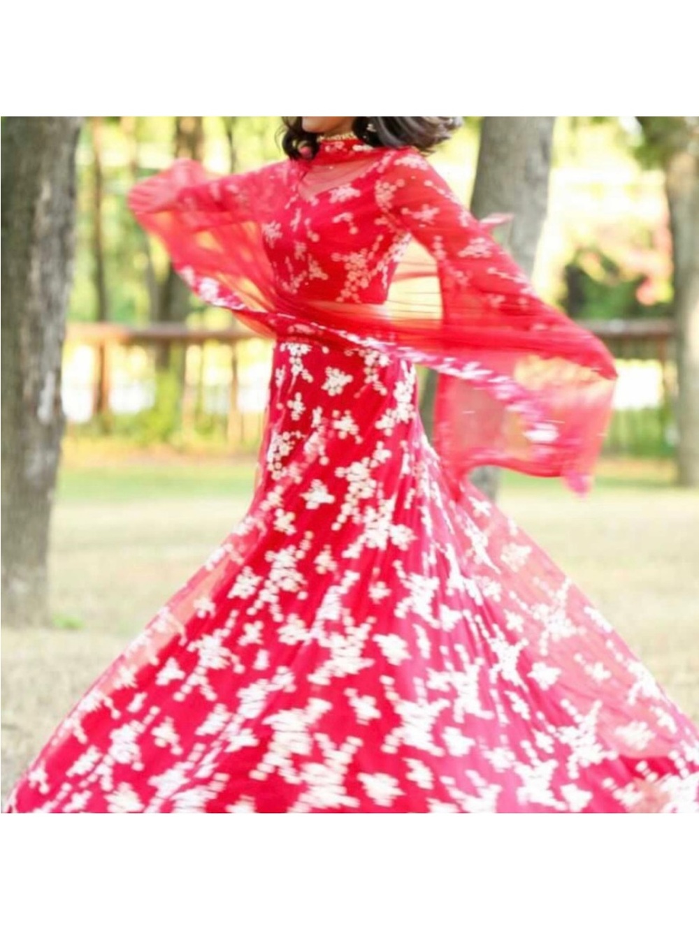 Designer Elegant Red Floral 3 piece Lehenga with long Sleeve blouse & Dupetta M